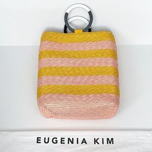EUGENIA KIM Margaux Bag Marigold Pink Woven Lucite Handle large beach straw